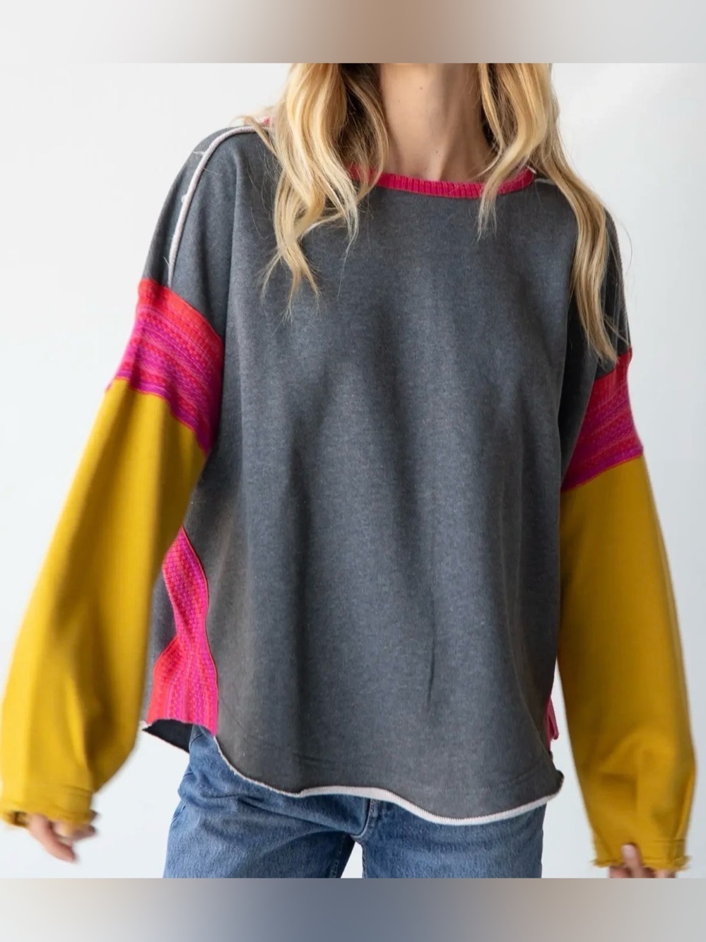 Natural Life Sz S/M Knit Trim Oversized Sweatshirt Gray & Pink EUC